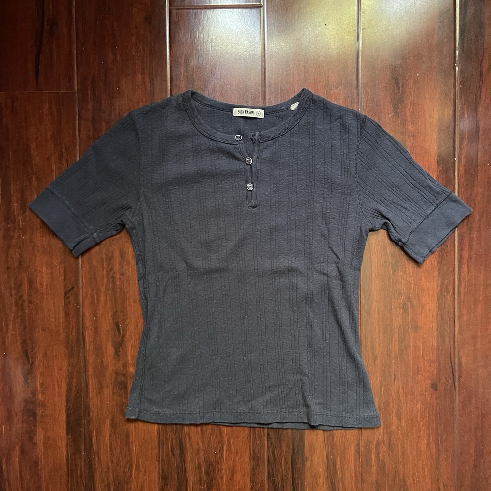 Buck Mason Heirloom Rib Base Henley Navy Short Sleeve Cotton Womens MED MSRP $78